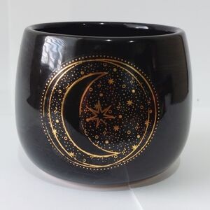 Black Ceramic Candle Holder with Gold Crescent Moon Design Planter